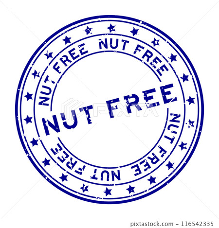 Grunge blue nut free word with star icon round rubber seal stamp on white background 116542335