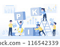 Business ideas, KPI and success concept.Business strategy planning, tactical management, evaluation, financial, marketing plans, data analysis for successful growth. Flat vector illustration. 116542339
