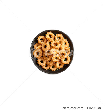 Fried calamari with crispy breading lemon wedge floating and steaming Food and culinary concept 116542380