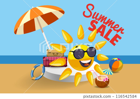 Banner summer sale Sun cartoon character on the beach 116542584