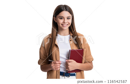 photo of smiling teen girl hold school diary. teen girl with school diary isolated on white photo of smiling teen girl hold school diary. teen girl with school diary isolated on white 116542587