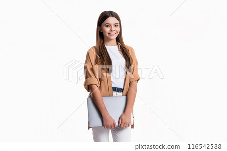 glad teen girl with online school education on pc in studio. online school education for girl. glad teen girl with online school education on pc in studio. online school education for girl. 116542588