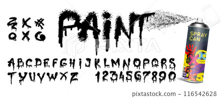 The font of the Latin alphabet, from which the paint drips. English letters written in black oil. 116542628