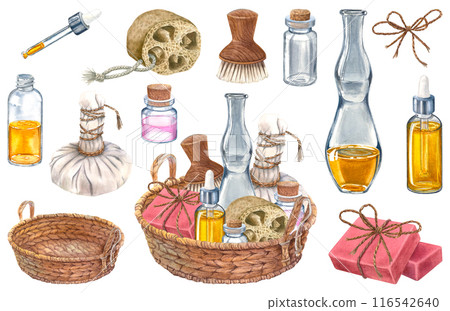 Spa set, wicker round basket, soap, dropper bottle, wooden soft body brush, loofah, bottle of lotion for body care. Handmade watercolor composition. Suitable for cosmetic design, cards, packaging. 116542640