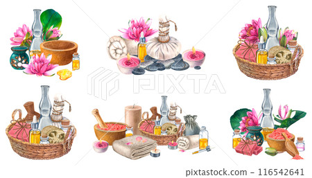 Bodycare cosmetics for Spa and massage. Hand drawn watercolor set of illustrations on isolated background. Drawing of skin care product with lotus for salon invitations. Clipart for cosmetology. 116542641