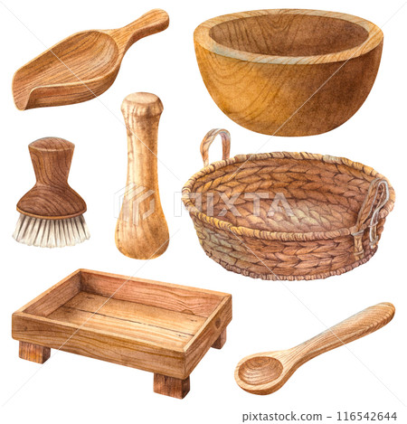 Set of wooden kitchen utensil elements basket, tray, bowl, spoon, scoop, pestle, brush. Hand drawn watercolor illustration on isolated background. Clipart for printing menu, card, label, packaging. Set of wooden kitchen utensil elements basket, tray, bowl, spoon, scoop, pestle, brush. Hand drawn watercolor illustration on isolated background. Clipart for printing menu, card, label, packaging. 116542644