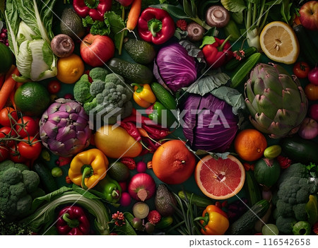 A bright background of fresh fruits and vegetables 116542658