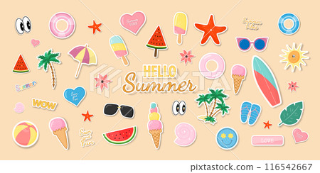 Stickers or cartoon icons on a beige background. A set of summer stickers. 116542667