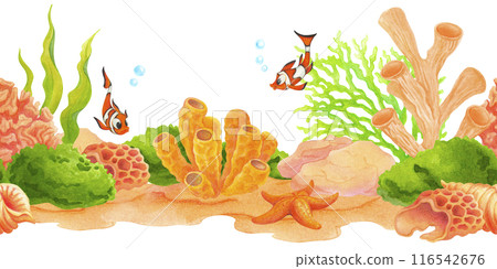 Watercolor seamless border or frame with marine coral reef life. Cartoon hand drawn bottom frame with corals, seaweeds, starfish and tropical fish for travel banner, card, label, packaging, covers 116542676