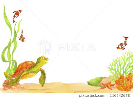 Bottom frame or border with cartoon sea turtle, clown fish, corals and algae. Underwater life isolated hand drawn Watercolor Illustration for postcard, travel banner, label, cover, invitation 116542678