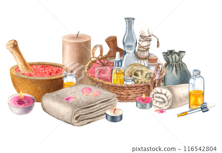 Drawing of skin care oils, soap, loofah, towel, sea salt, pouch . Spa eco products in basket of cosmetics. Hand drawn watercolor illustration of body care toiletries on isolated transparent background Drawing of skin care oils, soap, loofah, towel, sea salt, pouch . Spa eco products in basket of cosmetics. Hand drawn watercolor illustration of body care toiletries on isolated transparent background 116542804