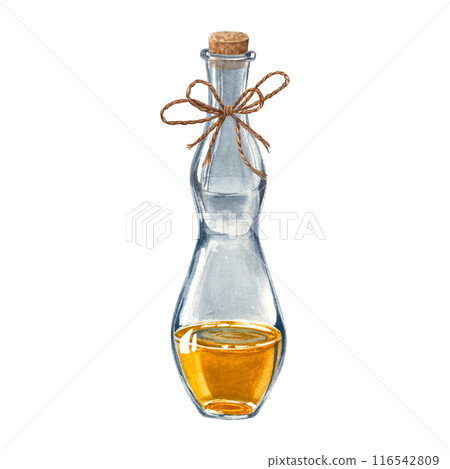 Glass bottle with wooden stopper and jute rope bow, oil for skin. Hand drawn watercolor illustration of jar with natural body care product isolated on background. Packaging element for design. Glass bottle with wooden stopper and jute rope bow, oil for skin. Hand drawn watercolor illustration of jar with natural body care product isolated on background. Packaging element for design. 116542809