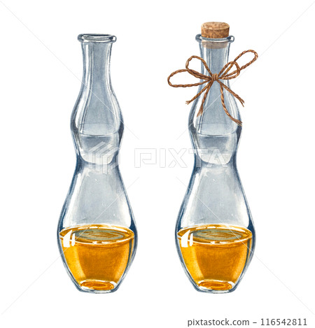 Glass bottles with wooden stopper and jute rope bow, argan oil for skin. Hand drawn watercolor illustration of vintage flacons with natural body care product isolated on background for aromatherapy. Glass bottles with wooden stopper and jute rope bow, argan oil for skin. Hand drawn watercolor illustration of vintage flacons with natural body care product isolated on background for aromatherapy. 116542811