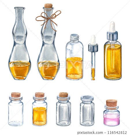 Set of glass bottles for essential oils and cosmetic products. Hand drawn watercolor illustration of dropper bottle, vial with bamboo cover, flask, jar isolated on background. For packaging design. Set of glass bottles for essential oils and cosmetic products. Hand drawn watercolor illustration of dropper bottle, vial with bamboo cover, flask, jar isolated on background. For packaging design. 116542812