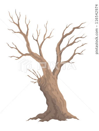 Old dead tree. Hand draw leafless trunk. Winter or autumn season plants icon, dry naked branch silhouette. Nature ecology problems concept. Isolated vector illustration 116542974