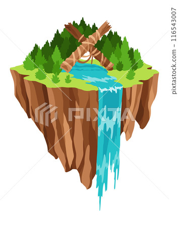 Game flying island with waterfall. Flying platform of exotic nature game island. Colorful flat vector elements for fantasy computer or mobile game 116543007