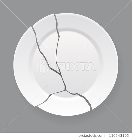 Broken white plate. Shattered food plate, cracked porcelain dish. Dishware with damage. Icon isolated on white background. Vector illustration 116543105