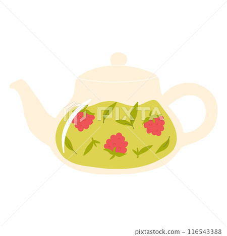 Teapot with green tea. Herbal tea in a glass teapot. Vector illustration. Isolated illustration on a white background. 116543388