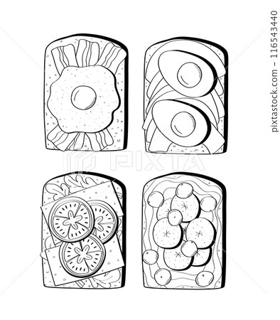 Set of sandwiches with different fillings. Toasted bread with breakfast filling. Vector illustration of snack sketch doodle. 116543440