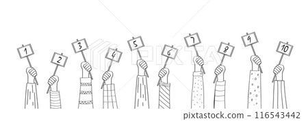 Cartoon hands with evaluation cards with numbers. Vector illustration of the raised hands of the jury members with scores. Rate it on a 10-point scale. Cartoon hands with evaluation cards with numbers. Vector illustration of the raised hands of the jury members with scores. Rate it on a 10-point scale. 116543442