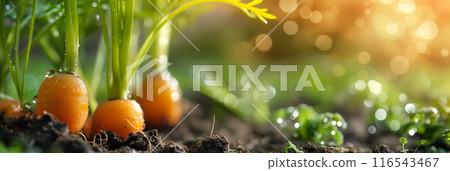 Small Carrots Growing in Soil with Morning Dew Close-up 116543467