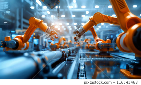 Advanced Industrial Factory with Robotic Arms in Action 116543468