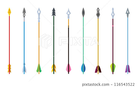 Medieval arrows set. Fighting decorative cartoon arrows. Design element for poster, label or sign on menu. Color vintage symbols Medieval arrows set. Fighting decorative cartoon arrows. Design element for poster, label or sign on menu. Color vintage symbols 116543522