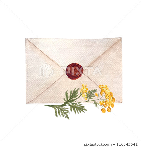 Blue tansy flowers, an envelope sealed with wax watercolor composition isolated on white. Hand painted in watercolor. High quality art great for stickers, notebooks decor, packages, herbal production 116543541
