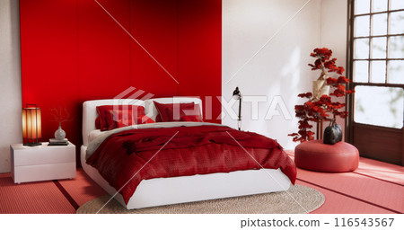 Red Bedroom minimal Modern wall and wooden tiles floor. 116543567