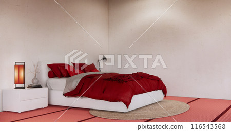 Red Bedroom minimal Modern wall and wooden tiles floor. Red Bedroom minimal Modern wall and wooden tiles floor. 116543568