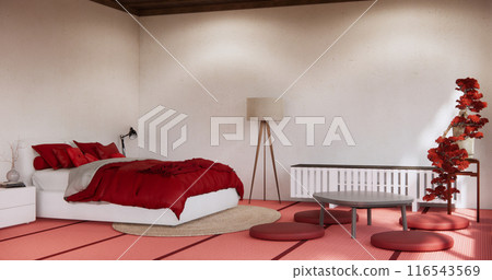 Red Bedroom minimal Modern wall and wooden tiles floor. Red Bedroom minimal Modern wall and wooden tiles floor. 116543569