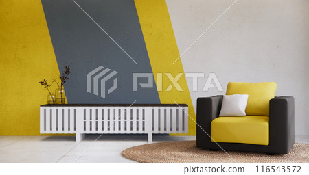 Living room Black and yellow wall colorful with sofa armchair and tiles granite floor. 116543572