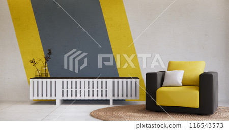 Living room Black and yellow wall colorful with sofa armchair and tiles granite floor. 116543573