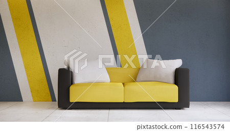 Living room Black and yellow wall colorful with sofa armchair and tiles granite floor. 116543574