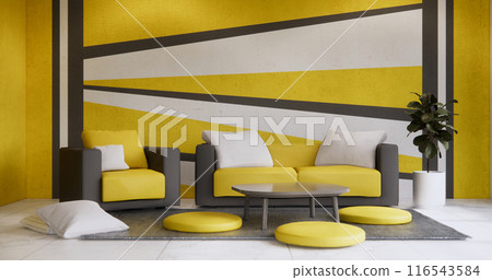 Living room Black and yellow wall colorful with sofa armchair and tiles granite floor. 116543584