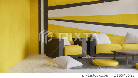 Living room Black and yellow wall colorful with sofa armchair and tiles granite floor. 116543585