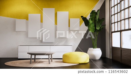 Black and yellow wall on white granite floor. 116543602