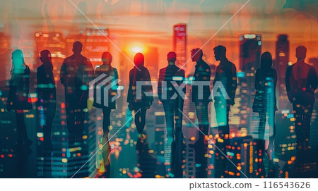 an abstract depiction of multiple silhouetted figures against a vibrant 116543626