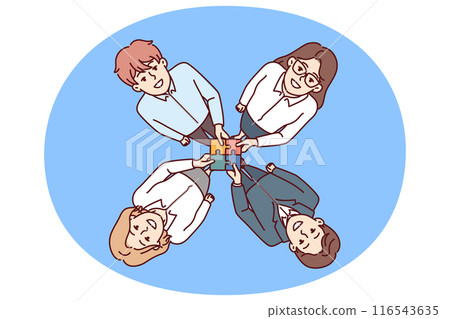 Friendly business people hold together puzzle symbolizing consolidation and synergy 116543635