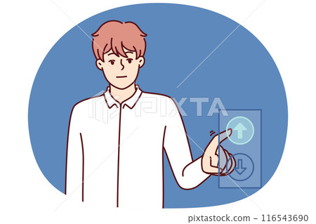 Man presses up button while riding in elevator for concept of ambitious striving for progress Man presses up button while riding in elevator for concept of ambitious striving for progress 116543690