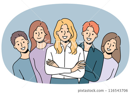 Group of businesspeople smiling and looking at screen professionally solving company problems 116543706