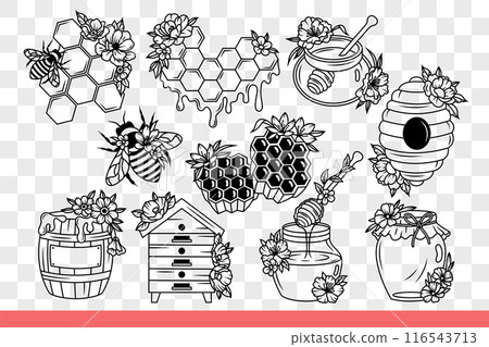 Bee making honey near honeycombs and nest or jars with barrels filled with syrup. Hand drawn doodle 116543713