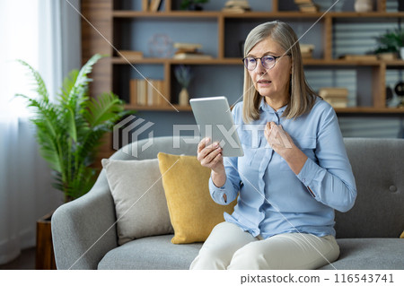 An elderly woman engages in virtual consultation with psychologist, displaying frustration and concern while sitting on sofa at home. Concept includes mental health, online therapy 116543741