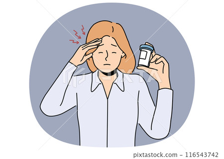 Woman suffers from headache and demonstrates package of medicines to cope with migraine 116543742