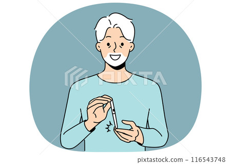 Elderly man uses glucometer to measure level insulin in blood, rejoicing at easing of diabetes. 116543748
