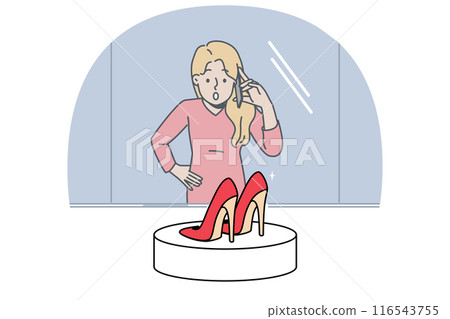 Woman looks at shop window with high-heeled shoes and dreams of updating wardrobe and going shopping. Woman looks at shop window with high-heeled shoes and dreams of updating wardrobe and going shopping. 116543755