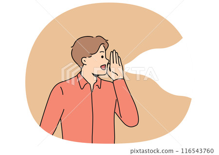 Man screams loudly putting hand to mouth instead of gramophone to communicate important information 116543760