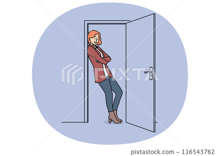 Cheerful woman stands in doorway with arms crossed and saying goodbye to guests. 116543762