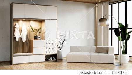 Mini sofa armchair on interior design,zen modern living room Japanese style. Mini sofa armchair on interior design,zen modern living room Japanese style. 116543794