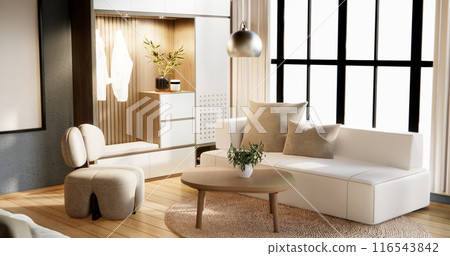 Mini sofa armchair on interior design,zen modern living room Japanese style. Mini sofa armchair on interior design,zen modern living room Japanese style. 116543842